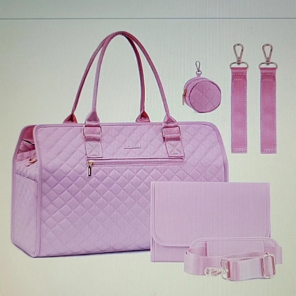 Lovevook pink rhombus diaper bag tote pacifier case change pad Weekender NEW…